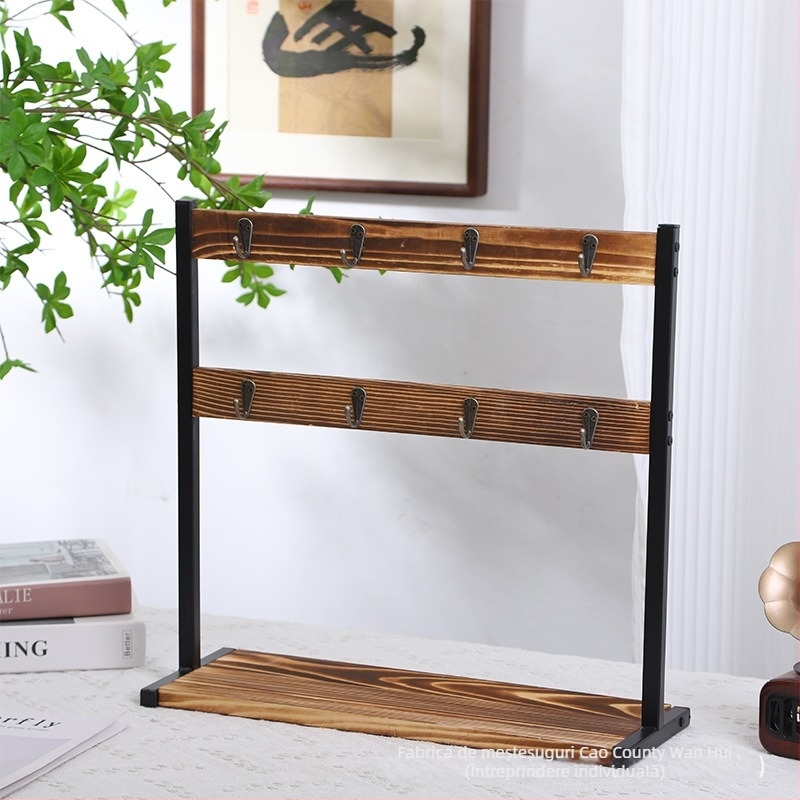 Raft din lemn pentru cupe, cu trei etaje și suport dublu pentru cești, organizator de masă pentru living