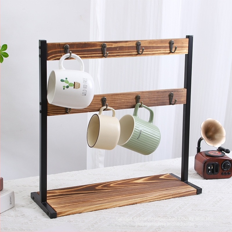 Raft din lemn pentru cupe, cu trei etaje și suport dublu pentru cești, organizator de masă pentru living