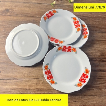 Farfurie plată ceramică cu margine în formă de lotus, stil retro vânt, lux retro ușor, fără logo; material: ceramică, stil: retro vânt