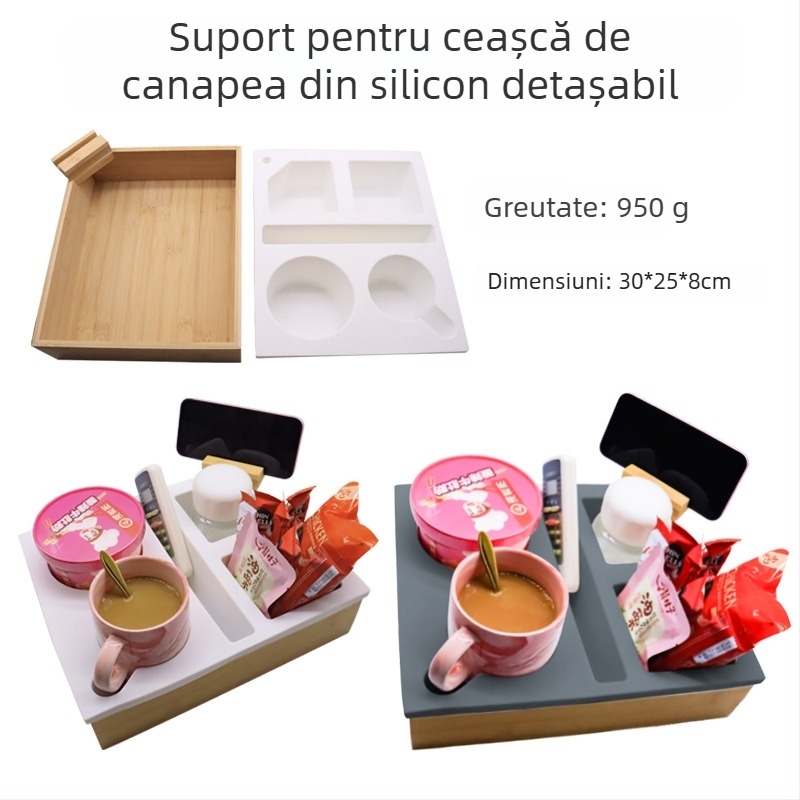 Autonomy Suport pentru pahare din silicon alimentar pentru brațul canapelei, tavă desktop cu două niveluri pentru gustări și telecomenzi