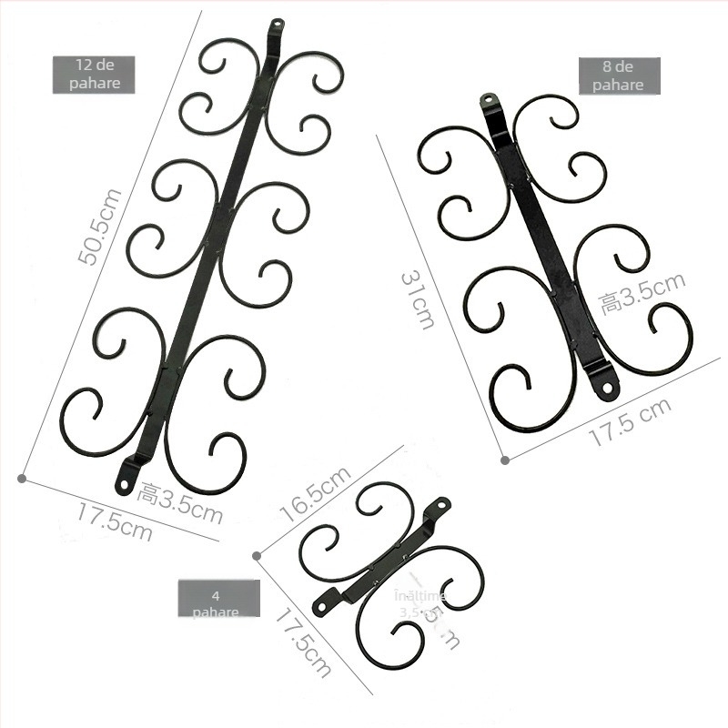 Suport de perete pentru pahare de vin, fier forjat, design modern minimalist, disponibil în variante pentru 4/8/12 pahare