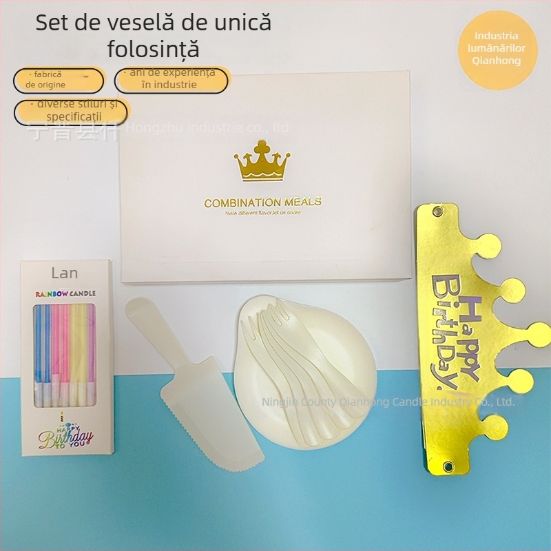 Set de tacâmuri de unică folosință pentru tort de ziua ta – Patru în unu: farfurie rotundă cu design de picătură de apă, furculițe în valuri, linguri și cuțite îngroșate