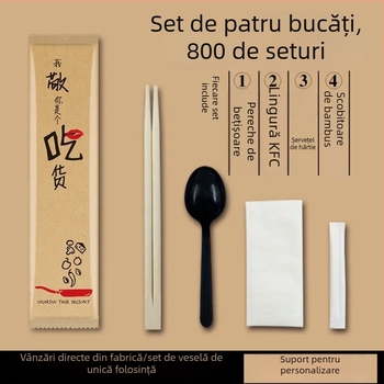 Set de tacâmuri de unică folosință patru în unu, din bambus, ambalaj kraft, 100 de pachete, imprimare cu logo și personalizare disponibile; nu este potrivit pentru microunde.