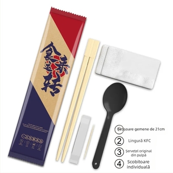 Set de tacâmuri de unică folosință patru în unu, din bambus, ambalaj kraft, 100 de pachete, imprimare cu logo și personalizare disponibile; nu este potrivit pentru microunde.