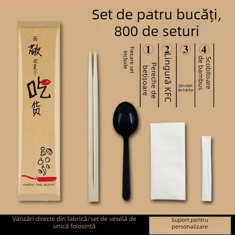 Set de tacâmuri de unică folosință patru în unu, din bambus, ambalaj kraft, 100 de pachete, imprimare cu logo și personalizare disponibile; nu este potrivit pentru microunde.