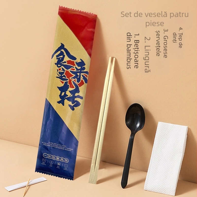Set de tacâmuri de unică folosință patru în unu, din bambus, ambalaj kraft, 100 de pachete, imprimare cu logo și personalizare disponibile; nu este potrivit pentru microunde.