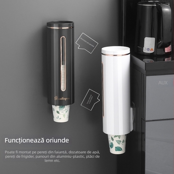Dispenser pentru pahare de unică folosință, montat pe perete, fără găuri, suport din plastic pentru pahare, depozitare în bucătărie