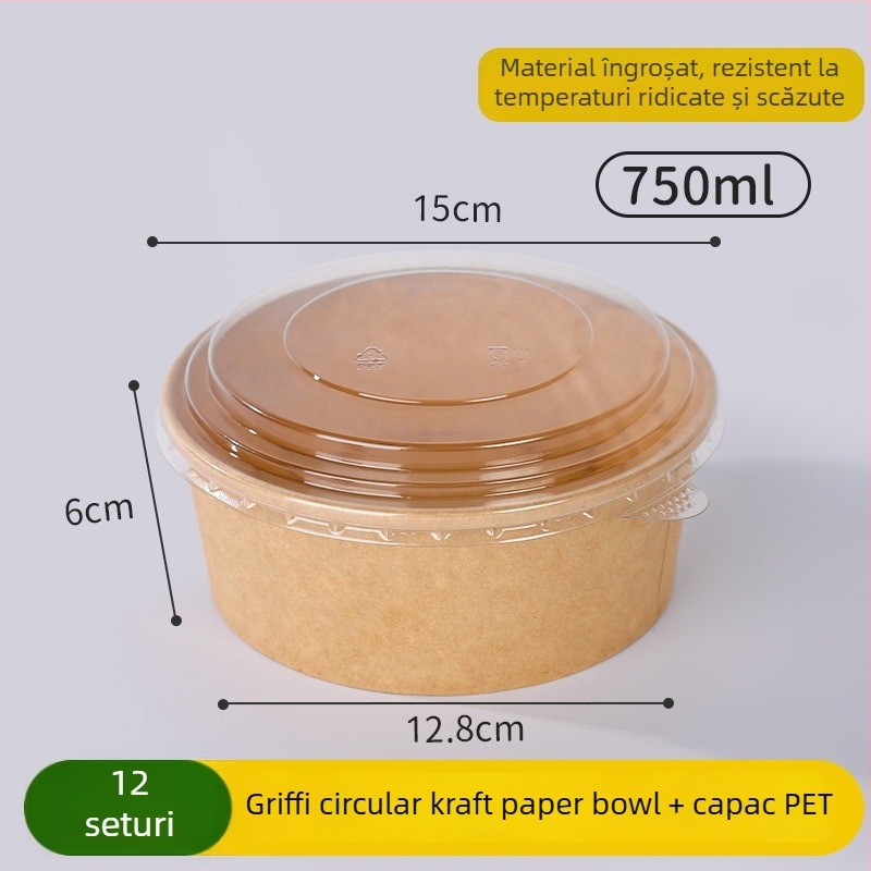 Bol din hârtie kraft, de unică folosință, cu capac rotund – capacitate 750 ml, grosime standard, nebiodegradabil