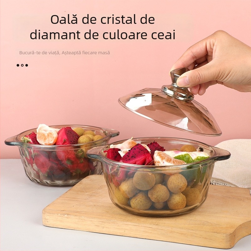 Vas de sticlă cu capac, cu mânere duble, potrivit pentru cuptor cu microunde, stil nordic minimalist, suprafață electroplată.