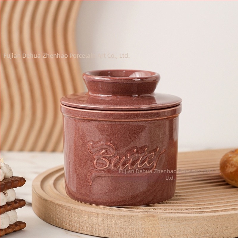 Borcan ceramic pentru unt cu capac, design reliefat, glazură de cuptor, capacitate 0.4–2 L