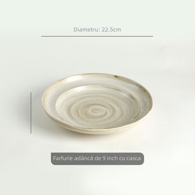 Set ceramic pentru masă: boluri, farfurii și tacâmuri, suprafață pictată manual, formă rotundă, compatibil cu microunde, finisaj monocrom, cadou ideal pentru un nou cămin