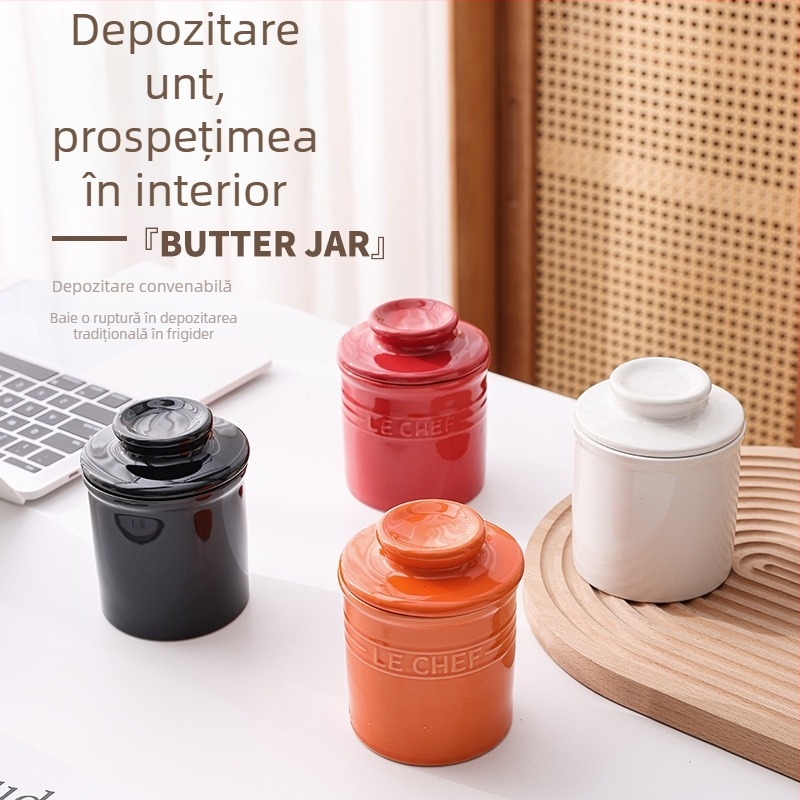 Vas ceramic sigilat pentru unt cu capac, destinat depozitării în bucătărie în stil european; forme rotunde și dreptunghiulare; personalizabil