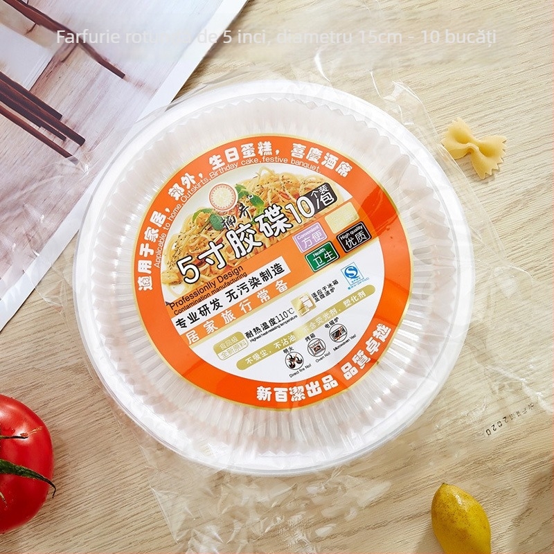 Farfurie de unică folosință din plastic, rezistentă la temperaturi înalte, transparentă, rotundă, cu model uniform.