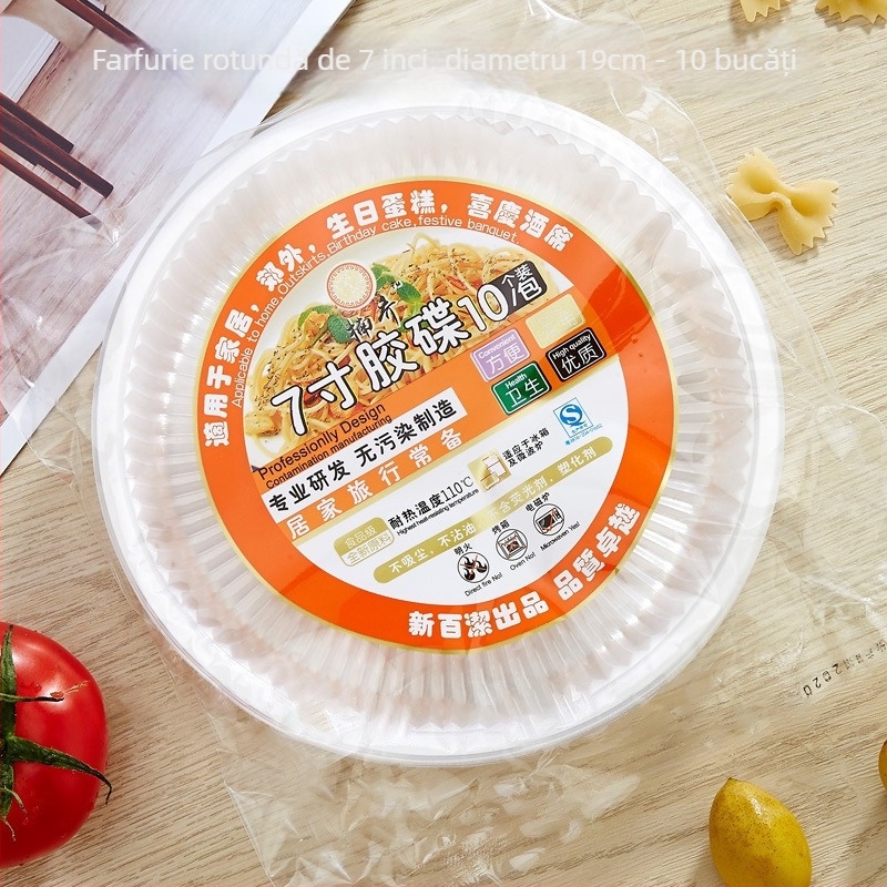 Farfurie de unică folosință din plastic, rezistentă la temperaturi înalte, transparentă, rotundă, cu model uniform.