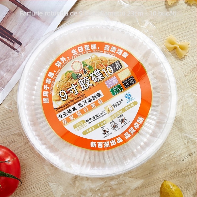 Farfurie de unică folosință din plastic, rezistentă la temperaturi înalte, transparentă, rotundă, cu model uniform.