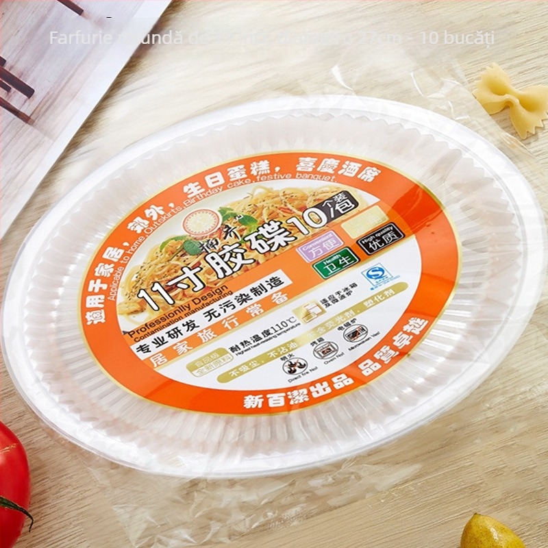 Farfurie de unică folosință din plastic, rezistentă la temperaturi înalte, transparentă, rotundă, cu model uniform.