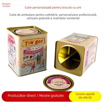 Cutie pătrată din tablă pentru biscuiți cu unt, personalizabilă, pentru ambalarea alimentelor, imprimare cu adeziv
