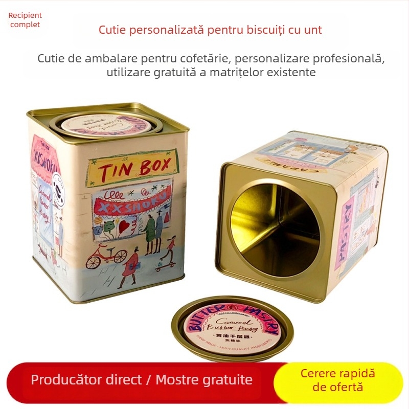 Cutie pătrată din tablă pentru biscuiți cu unt, personalizabilă, pentru ambalarea alimentelor, imprimare cu adeziv
