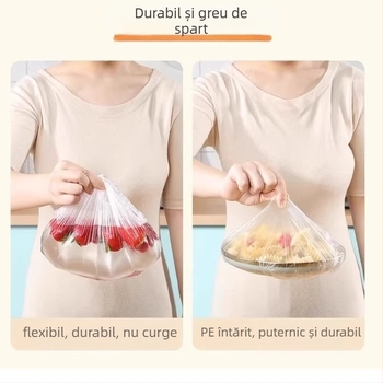 Acoperire din folie alimentară de unică folosință, stil căciulă de duș cu elastic, antibacterian, pentru resturi de mâncare, rezistentă la -60°C până la 100°C