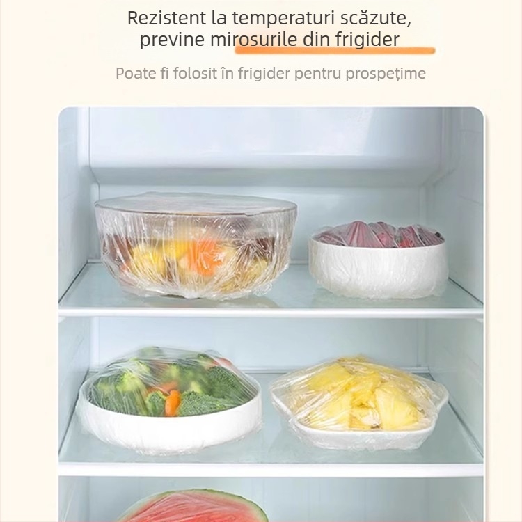 Acoperire din folie alimentară de unică folosință, stil căciulă de duș cu elastic, antibacterian, pentru resturi de mâncare, rezistentă la -60°C până la 100°C