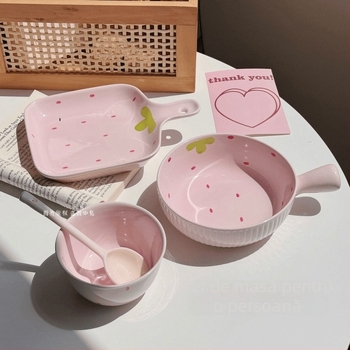 Set de farfurii ceramice cu model căpșună, farfurie cu mâner și bol pentru tăiței instant, stil coreean