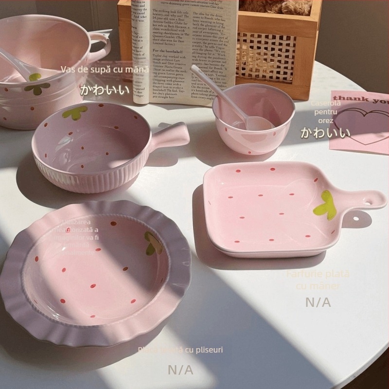 Set de farfurii ceramice cu model căpșună, farfurie cu mâner și bol pentru tăiței instant, stil coreean