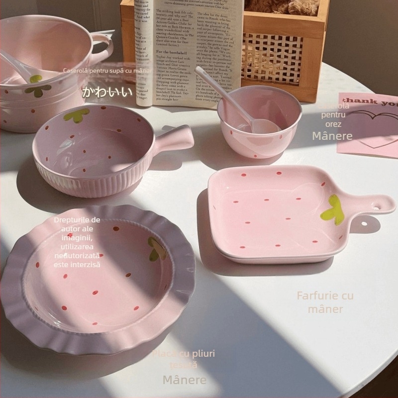 Set de farfurii ceramice cu model căpșună, farfurie cu mâner și bol pentru tăiței instant, stil coreean