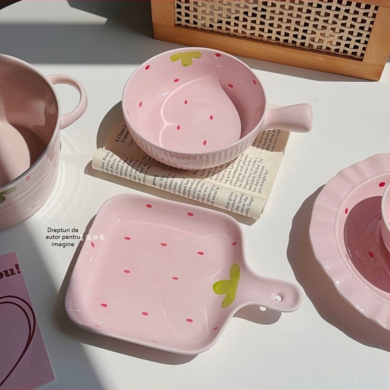 Set de farfurii ceramice cu model căpșună, farfurie cu mâner și bol pentru tăiței instant, stil coreean