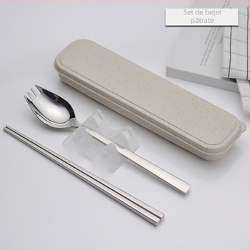 Set portabil de tacâmuri pentru elevi cu Wheat Box — oțel inoxidabil 304, lingură, furculiță și bețișoare; potrivit pentru călătorii; personalizabil