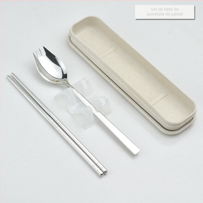 Set portabil de tacâmuri pentru elevi cu Wheat Box — oțel inoxidabil 304, lingură, furculiță și bețișoare; potrivit pentru călătorii; personalizabil