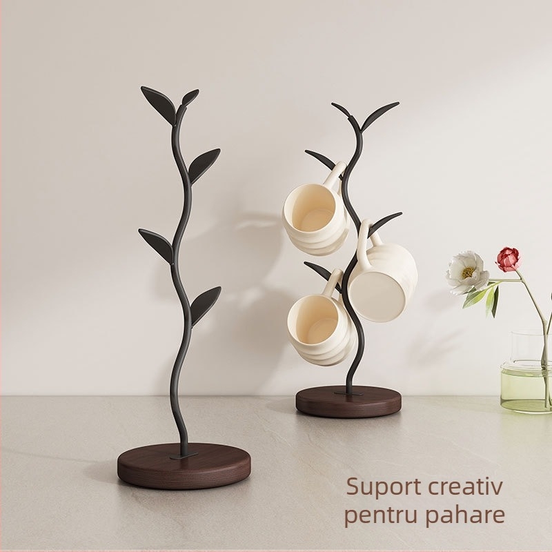 Suport pentru căni în formă de copac din bambus — decor pentru living, depozitare inversă a cești de ceai, stil lux ușor retro, greutate 590 g