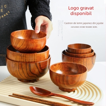 Set de boluri din lemn în stil japonez pentru orez și supă, formă rotundă, finisaj lac natural, gravate, personalizabile