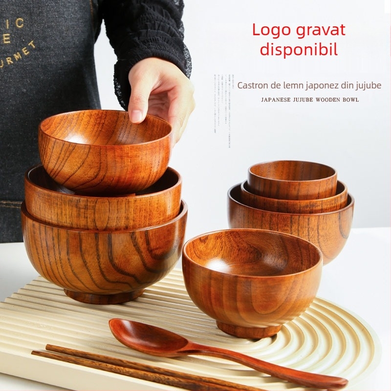 Set de boluri din lemn în stil japonez pentru orez și supă, formă rotundă, finisaj lac natural, gravate, personalizabile