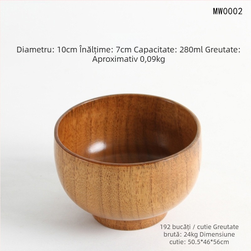 Set de boluri din lemn în stil japonez pentru orez și supă, formă rotundă, finisaj lac natural, gravate, personalizabile