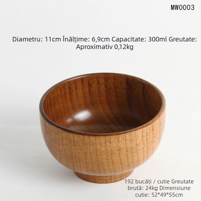 Set de boluri din lemn în stil japonez pentru orez și supă, formă rotundă, finisaj lac natural, gravate, personalizabile