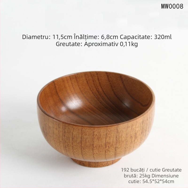 Set de boluri din lemn în stil japonez pentru orez și supă, formă rotundă, finisaj lac natural, gravate, personalizabile