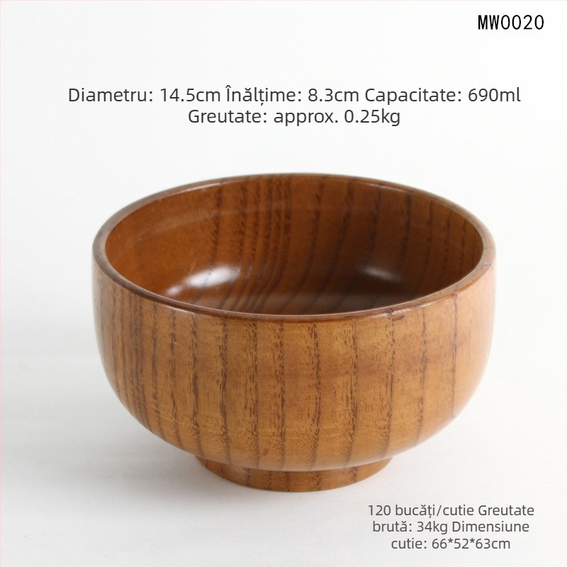 Set de boluri din lemn în stil japonez pentru orez și supă, formă rotundă, finisaj lac natural, gravate, personalizabile