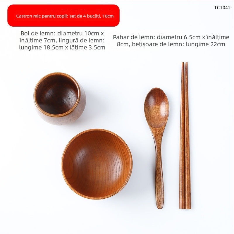 Set de boluri din lemn în stil japonez pentru orez și supă, formă rotundă, finisaj lac natural, gravate, personalizabile
