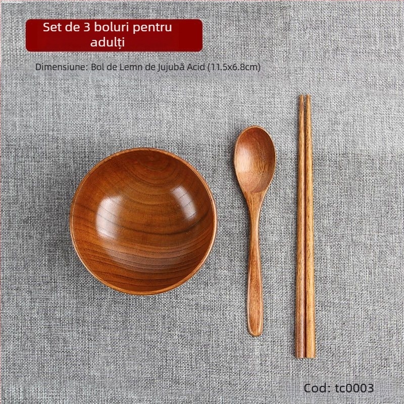 Set de boluri din lemn în stil japonez pentru orez și supă, formă rotundă, finisaj lac natural, gravate, personalizabile