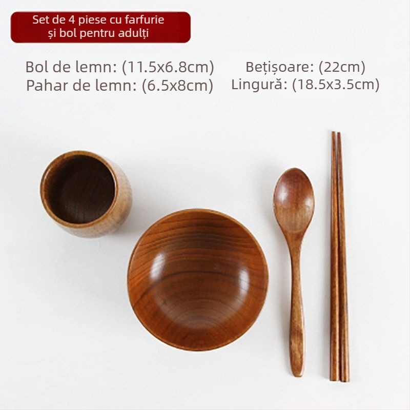 Set de boluri din lemn în stil japonez pentru orez și supă, formă rotundă, finisaj lac natural, gravate, personalizabile