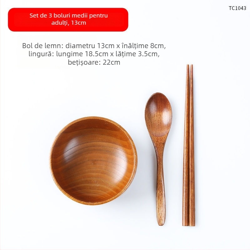 Set de boluri din lemn în stil japonez pentru orez și supă, formă rotundă, finisaj lac natural, gravate, personalizabile