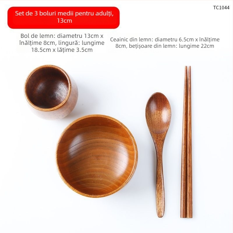 Set de boluri din lemn în stil japonez pentru orez și supă, formă rotundă, finisaj lac natural, gravate, personalizabile