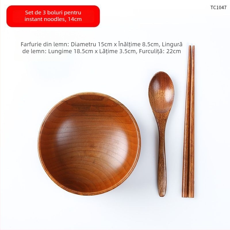 Set de boluri din lemn în stil japonez pentru orez și supă, formă rotundă, finisaj lac natural, gravate, personalizabile