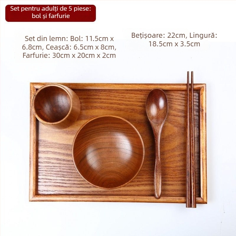 Set de boluri din lemn în stil japonez pentru orez și supă, formă rotundă, finisaj lac natural, gravate, personalizabile