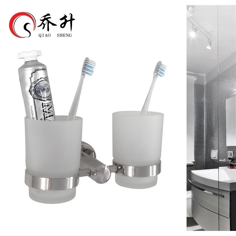 Qiao sheng 201 oțel inoxidabil, suport montat pe perete pentru pahare de periuțe de dinți cu două pahare din sticlă, luciu oglindă, stil modern minimalist