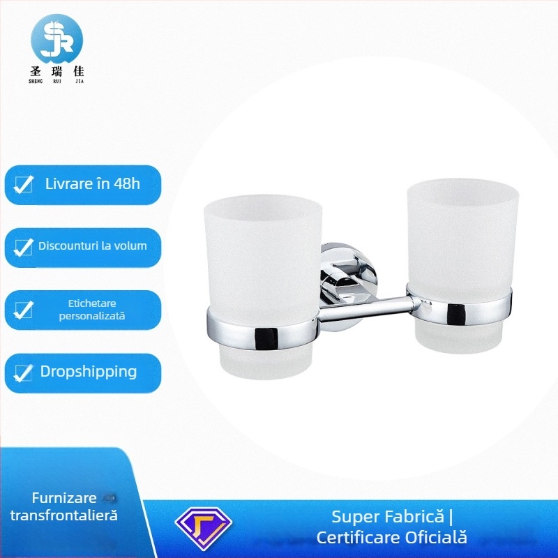 San ruijia Suport pentru periute de dinți și pahar de spălat, din aliaj de zinc, cu pahar dublu, placare cromată, sarcină de 3 kg