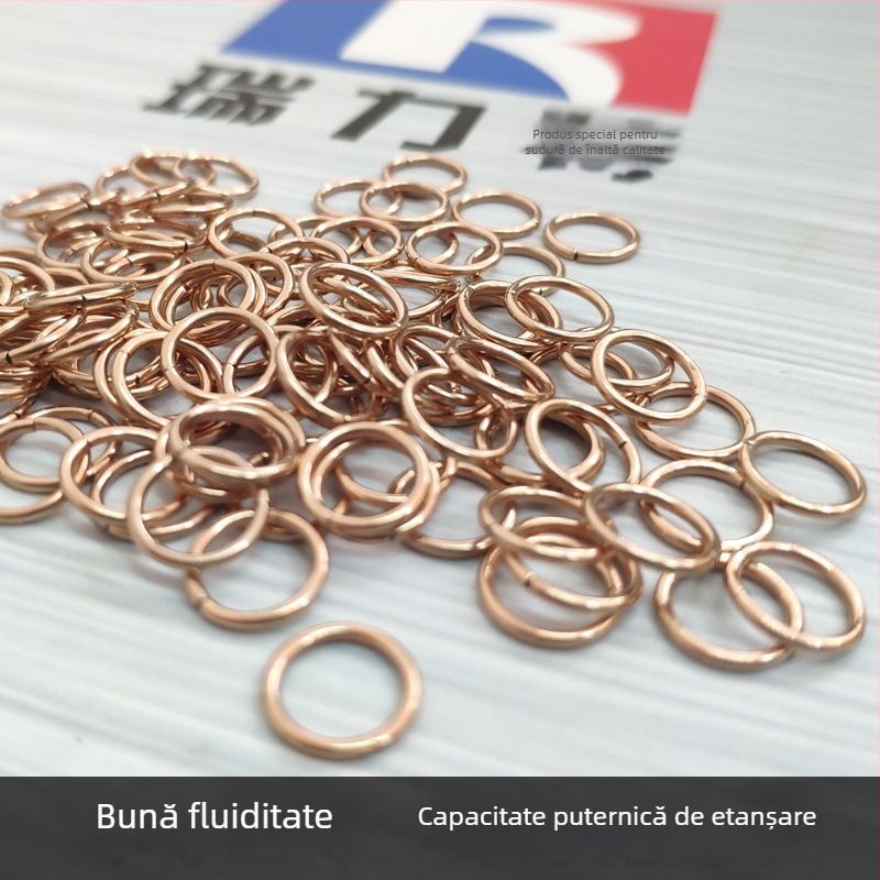Inel de sudură din cupru argintiu-fosforos pentru îmbinări din cupru sau alamă; conține fosfor în flux; curent de sudură 15A; punct de topire 810°C.