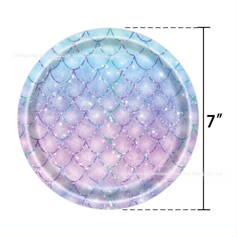 Set de veselă de unică folosință, cu temă sirenă, model cu solzi de pește — farfurii, pahare, șervete și față de masă; materiale: plastic și hârtie