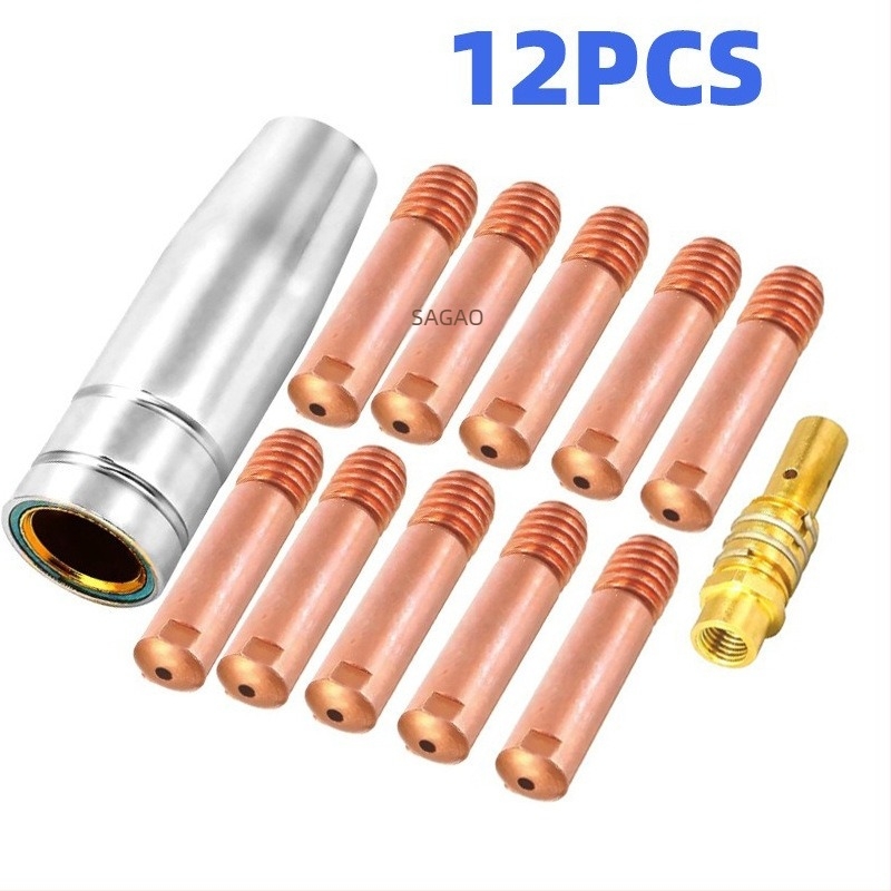 Set de duze protective pentru pistol de sudură cu gaz 15AK – 12 bucăți; compatibil cu 15AK; diametre 0.6/0.8/0.9/1.0/1.2 mm; curent de sudură 150 A