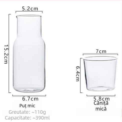 Set din sticlă pentru băuturi reci - 1 recipient și 1 ceșuță, sticlă transparentă, logo personalizabil, stil modern minimalist, pentru sucuri, lapte, băuturi, ceai parfumat și apă rece